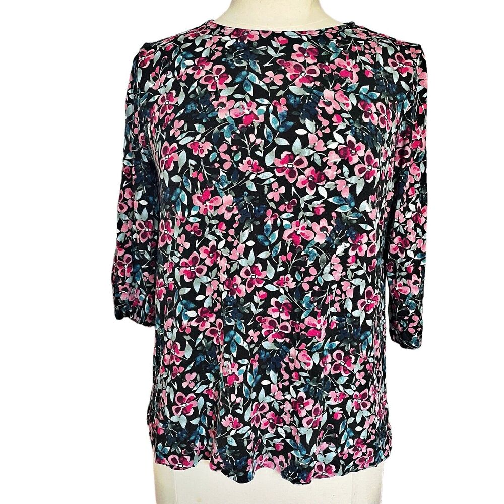 J. Jill Wearever Collection Size M Top T‎ Tee Ballet-Sleeve Black Floral Stretch